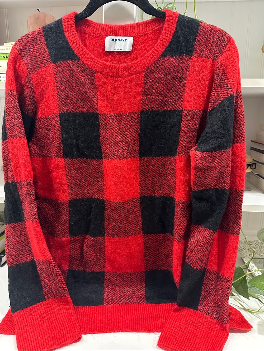 Old Navy Red and Black Buffalo Plaid Crewneck Sweater